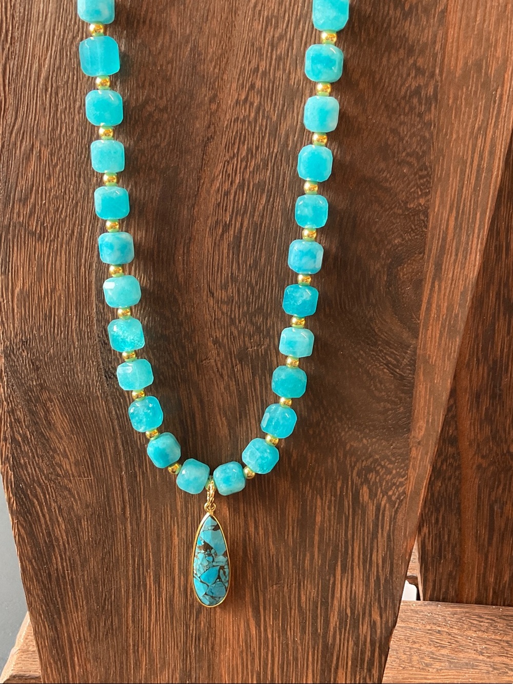 Handmade Amazonite cube Beaded Pendant Necklace - Blue - Picture 2 of 3
